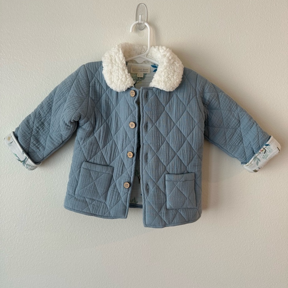 Blue Quilted Kids Jacket with Sherpa Collar